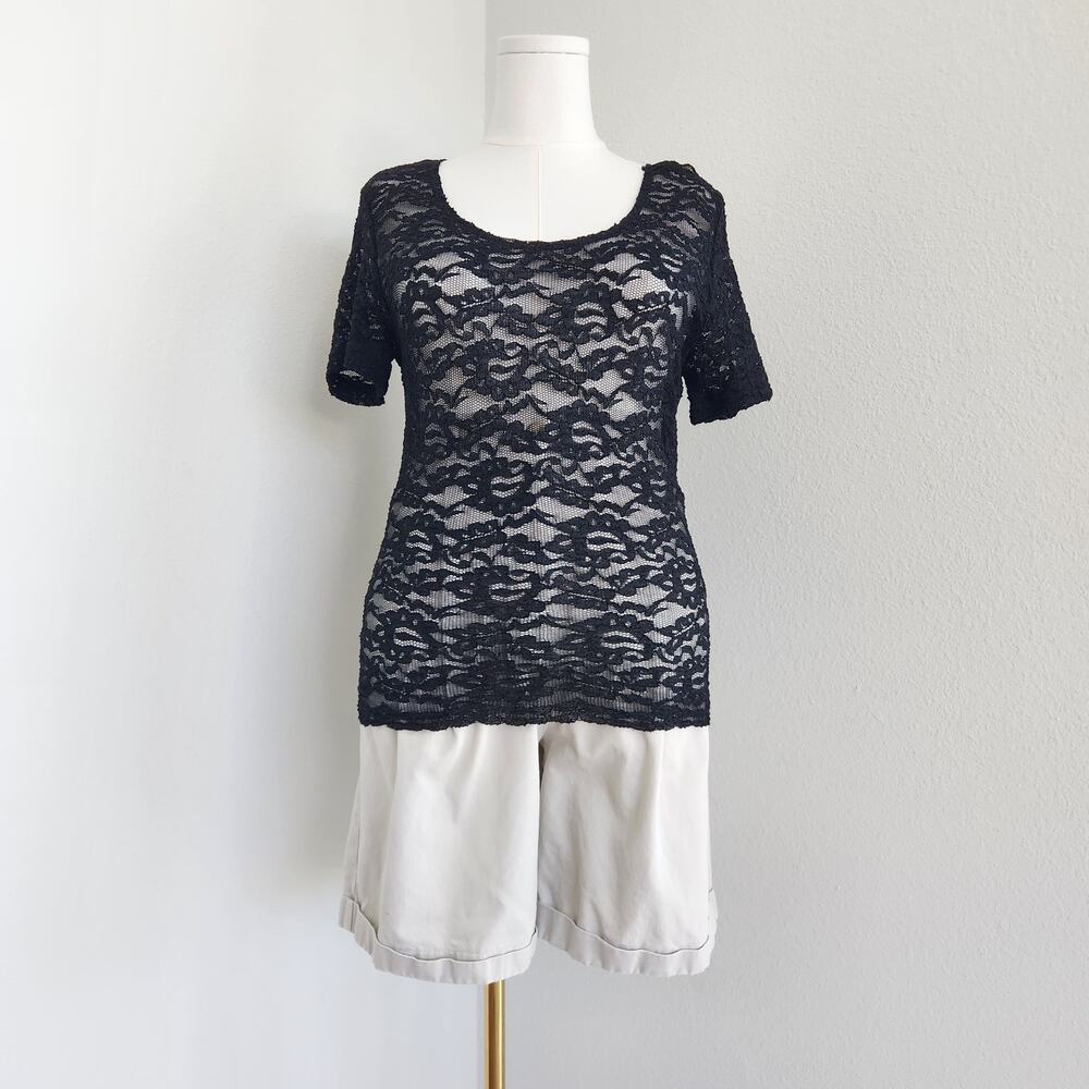Vintage 90s Black Sheer Lace Short Sleeve Top Scoop  Whimsigoth The Limited L